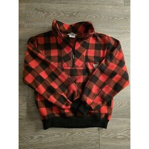 UNIONBAY Vtg Buffalo Plaid Red Black Fleece Boxy 1/4 Zip Pullover Jacket Large